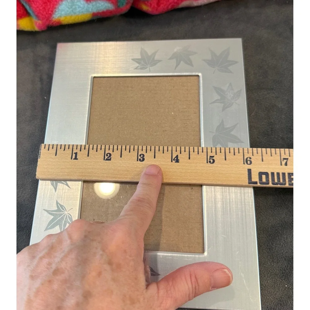 Picture Frame 4x6 Silver Etched Maple Leaf Brushed Metal Free Standing Boho